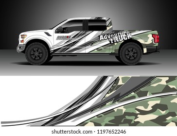 Pick up truck decal design vector. Graphic abstract stripe racing background kit designs for wrap vehicle, race car, adventure and livery