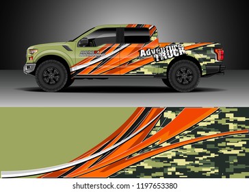 Pick up truck decal design vector. Graphic abstract stripe racing background kit designs for wrap vehicle, race car, adventure and livery