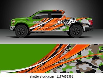 Pick up truck decal design vector. Graphic abstract stripe racing background kit designs for wrap vehicle, race car, adventure and livery