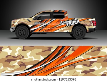 Pick up truck decal design vector. Graphic abstract stripe racing background kit designs for wrap vehicle, race car, adventure and livery