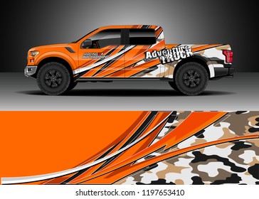 Pick up truck decal design vector. Graphic abstract stripe racing background kit designs for wrap vehicle, race car, adventure and livery