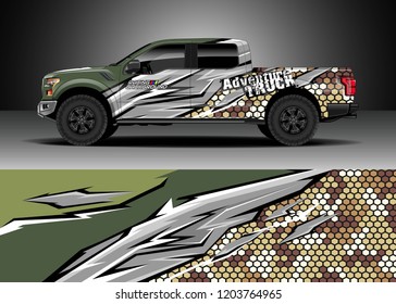 Pick up truck decal design vector. Graphic abstract stripe racing background kit designs for wrap vehicle, race car, rally, adventure and livery