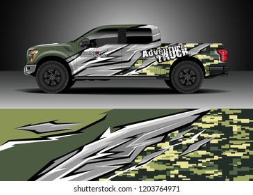 Pick up truck decal design vector. Graphic abstract stripe racing background kit designs for wrap vehicle, race car, rally, adventure and livery
