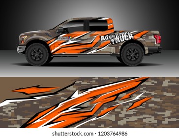 Pick up truck decal design vector. Graphic abstract stripe racing background kit designs for wrap vehicle, race car, rally, adventure and livery