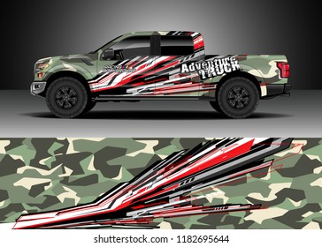 Pick up truck  decal wrap design vector. Graphic abstract stripe racing background kit designs for wrap vehicle, race car, rally, adventure and livery