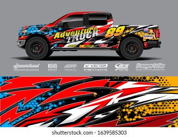 Pick up truck decal wrap design vector. Graphic modern abstract stripe racing background kit designs for wrap vehicle, race car, rally, adventure and livery