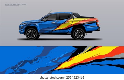 pick up truck truck double cabin branding sport rally Pick up truck touch of black, mockup with racing wrap decal or livery design.