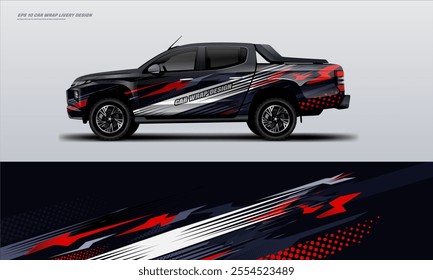 pick up truck truck double cabin branding sport rally Pick up truck touch of black, mockup with racing wrap decal or livery design.