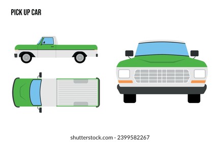 Pick Up truck Flat design illustration, Public Vehicles , top view, side view, front view, isolated by white background