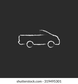 Pick up truck hand drawn in chalk on a blackboard vector white icon isolated on a black background.