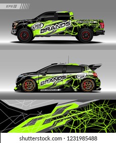 Pick up truck and hatchback car decal design vector. Graphic abstract stripe racing background kit designs for wrap vehicle, race car, branding car and car livery.