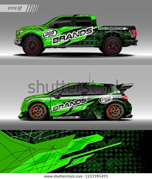 Pick up truck and hatchback\
car decal design vector. Graphic abstract stripe racing background\
kit designs for wrap vehicle, race car, branding car and car\
livery.