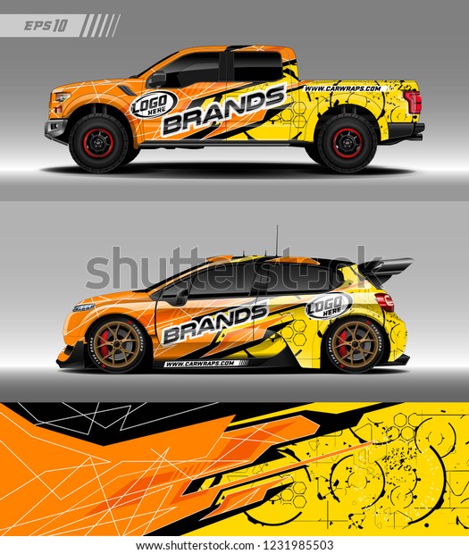 Pick up truck and hatchback\
car decal design vector. Graphic abstract stripe racing background\
kit designs for wrap vehicle, race car, branding car and car\
livery.