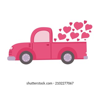 Pick up truck with Hearts. Valentine's Day. Pink retro farm truck with love. Vector Illustration for backgrounds, packaging, greeting cards, stickers and seasonal design. Isolated on white background.