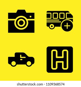 pick up truck, photo camera, hotel and bus vector icon set. Sample icons set for web and graphic design