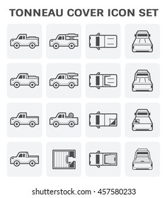 Pick up truck in top, side and rear view vector icon. Include rack, roll bar, tonneau, tray or bed cover both soft and hard i.e. lid, canvas and shutter. Accessories for close, open, load and carry.