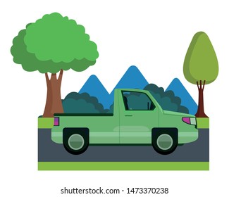 Pick Up Truck Vehicle Sideview Cartoon On Highway With Landscape Scenery ,vector Illustration Graphic Design.