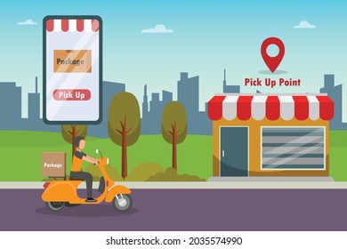Pick up vector concept: Male courier pick up the package to the customer while riding motorcycle