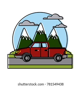 Pick up vehicle between mountains landscape