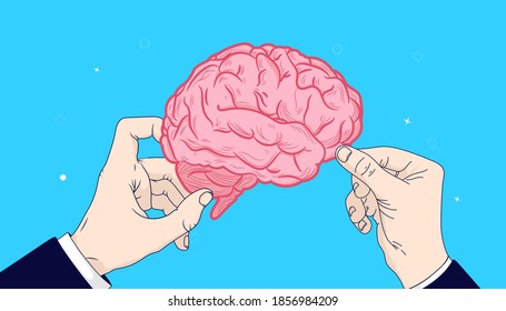 Pick your brain - Two hands picking someones brain metaphor. Learn something new, and gathering information concept. Vector illustration.