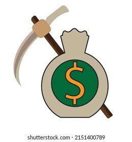 Un pickax con una bolsa en dólares - concepto de dinero minero - ilustración financiera - icono - vector 
