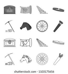 Pickax hoe, horse head, wheel cart, quiver with arrows.Wild west set collection icons in outline,monochrome style vector symbol stock illustration web.