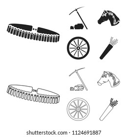 Pickax hoe, horse head, wheel cart, quiver with arrows.Wild west set collection icons in black,outline style vector symbol stock illustration web.