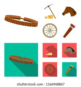 Pickax hoe, horse head, wheel cart, quiver with arrows.Wild west set collection icons in cartoon,flat style vector symbol stock illustration web.