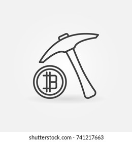 Pickaxe with bitcoin icon. Vector minimal cryptocurrency mining concept symbol or design element in thin line style