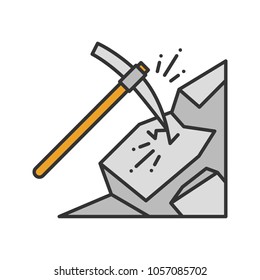 Pickaxe breaking mountain color icon. Mining. Navvy pick. Isolated vector illustration