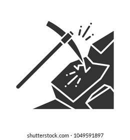 Pickaxe breaking mountain glyph icon. Mining. Navvy pick. Silhouette symbol. Negative space. Vector isolated illustration