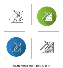 Pickaxe breaking mountain icon. Mining. Navvy pick. Flat design, linear and color styles. Isolated vector illustrations