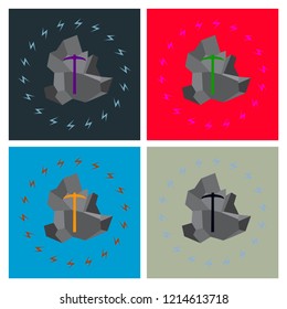 Pickaxe breaking mountain linear icon. Mining. Navvy pick. Contour symbol. Editable stroke