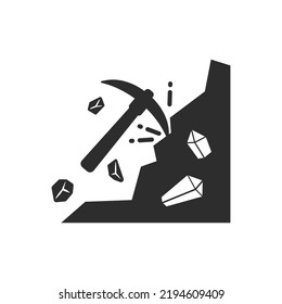 Pickaxe digging rocks, vector icon. Mining, mineral extraction. Monochrome black and white symbol