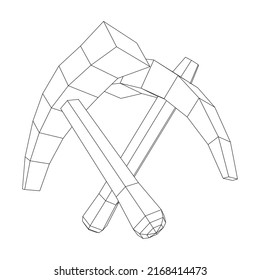Pickaxe for extraction of precious stones or extracting minerals. Miners hand tool. Wireframe low poly mesh vector illustration
