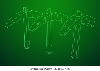Pickaxe for extraction of precious stones or extracting minerals. Miners hand tool. Wireframe low poly mesh vector illustration