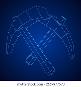 Pickaxe for extraction of precious stones or extracting minerals. Miners hand tool. Wireframe low poly mesh vector illustration