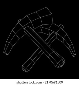 Pickaxe for extraction of precious stones or extracting minerals. Miners hand tool. Wireframe low poly mesh vector illustration