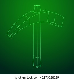 Pickaxe para la extracción de piedras preciosas o minerales extractivos. Herramienta de mano de los mineros. Ilustración vectorial de malla baja de malla de alambre
