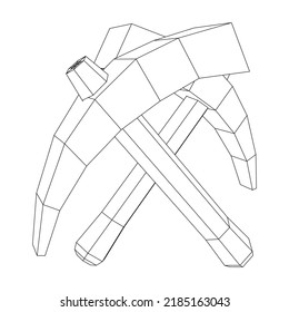 Pickaxe para la extracción de piedras preciosas o minerales extractivos. Herramienta de mano de los mineros. Ilustración vectorial de malla baja de malla de alambre