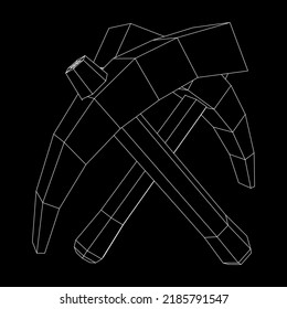 Pickaxe para la extracción de piedras preciosas o minerales extractivos. Herramienta de mano de los mineros. Ilustración vectorial de malla baja de malla de alambre