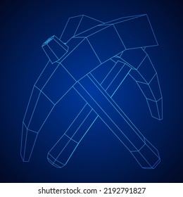 Pickaxe for extraction of precious stones or extracting minerals. Miners hand tool. Wireframe low poly mesh vector illustration
