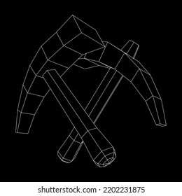 Pickaxe para la extracción de piedras preciosas o minerales extractivos. Herramienta de mano de los mineros. Ilustración vectorial de malla baja de malla de alambre