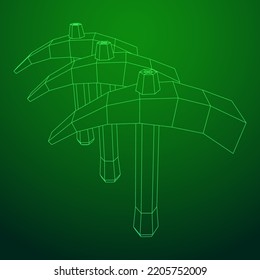 Pickaxe para la extracción de piedras preciosas o minerales extractivos. Herramienta de mano de los mineros. Ilustración vectorial de malla baja de malla de alambre