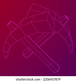 Pickaxe zur Gewinnung von Edelsteinen oder zur Gewinnung von Mineralien. Bergbauhandwerkzeug. Wireframe Low-Poly-Mesh, Vektorgrafik