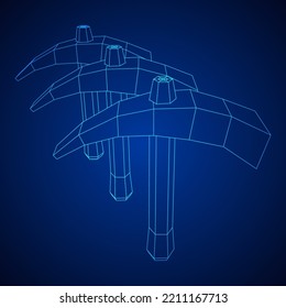 Pickaxe for extraction of precious stones or extracting minerals. Miners hand tool. Wireframe low poly mesh vector illustration