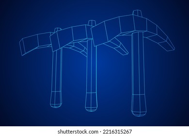 Pickaxe para la extracción de piedras preciosas o minerales extractivos. Herramienta de mano de los mineros. Ilustración vectorial de malla baja de malla de alambre