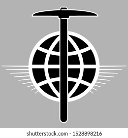 Pickaxe and the globe with wings. Icon.
Monochrome, black and white graphic image, flat. Hand tool and flying globe.