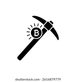 Pickaxe with Glowing Bitcoin Logo Icon for Mining Effort - Black Design