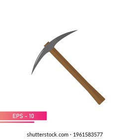 A pickaxe for gold diggers with a wooden handle. Realistic design. On a white background. Tools for miners. Flat vector illustration.
